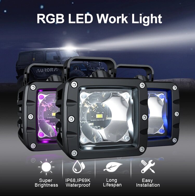 Две светодиодные фары Aurora ALO-2-T-P23Q 30W, RGB ПОДСВЕТКА 12